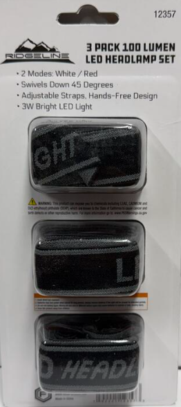 Ridgeline 3 Pack 100 Lumen LED Headlamp Set.