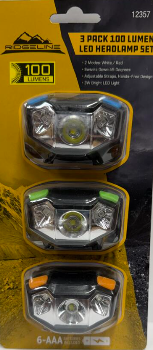 Ridgeline 3 Pack 100 Lumen LED Headlamp Set.