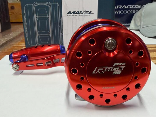Maxel Rage Pro 90 Custom Red Navy Blue Conventional Reel Right Hand