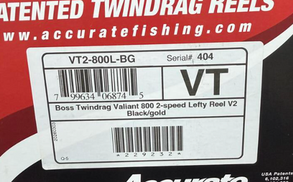 Accurate VT2-800L-BG Boss TwinDrag Valiant 800 2-Speed Conventional Reel Black/Gold Left Hand