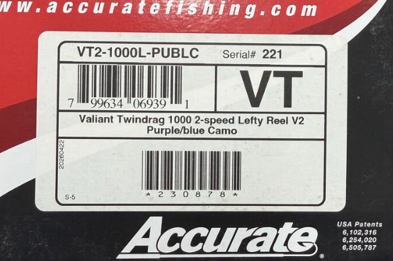 Accurate VT2-1000L-PUBLC Valiant 2 1000 2-Speed Purple Blue Camo Conventional Reel Left Hand