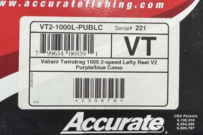 Accurate VT2-1000L-PUBLC Valiant 2 1000 2-Speed Purple Blue Camo Conventional Reel Left Hand
