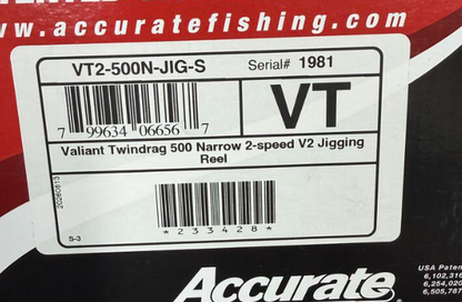 Accurate VT2-500N-JIG-S Valiant 2 500 Narrow 2-Speed American Flag Lasered V2 Jigging Conventional Reel Right Hand