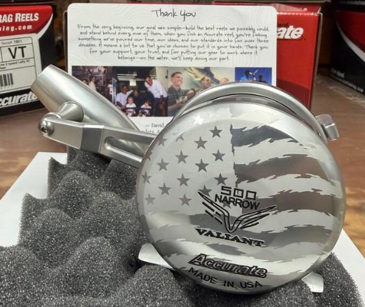 Accurate VT2-500N-JIG-S Valiant Twindrag 500 Narrow 2-Speed American Flag Lasered V2 Jigging Conventional Reel Right Hand