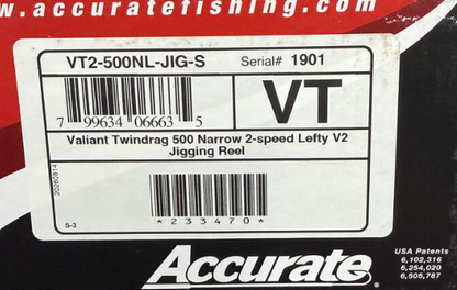 Accurate VT2-500NL-JIG-S Valiant 2 500 Narrow 2-Speed American Flag Lasered V2 Jigging Conventional Reel Left Hand