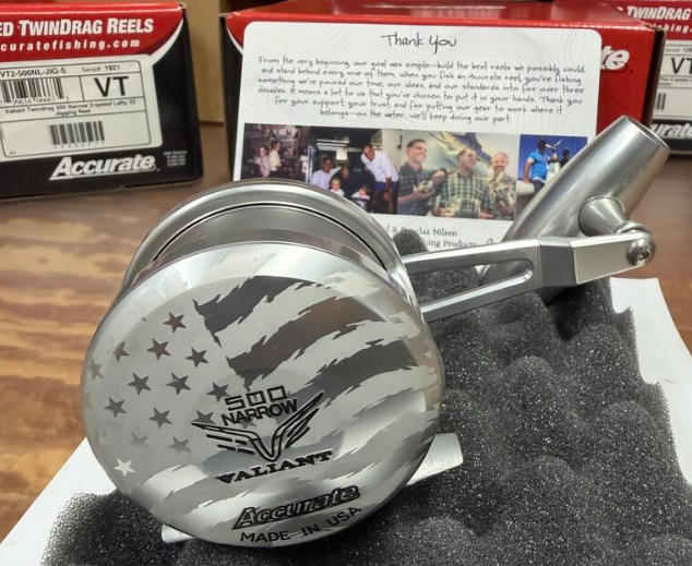 Accurate VT2-500NL-JIG-S Valiant 2 500 Narrow 2-Speed American Flag Lasered V2 Jigging Conventional Reel Left Hand