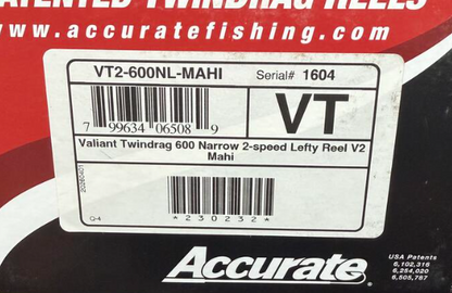 Accurate VT2-600NL-MAHI Valiant Twindrag 600 Narrow 2-Speed Conventional Reel Mahi Left Hand