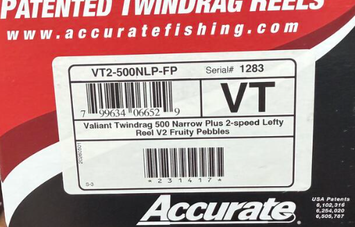 Accurate VT2-500NLP-FP Valiant 2 500 Narrow Plus 2-Speed Reel Fruity Pebbles Left SPJ Handle