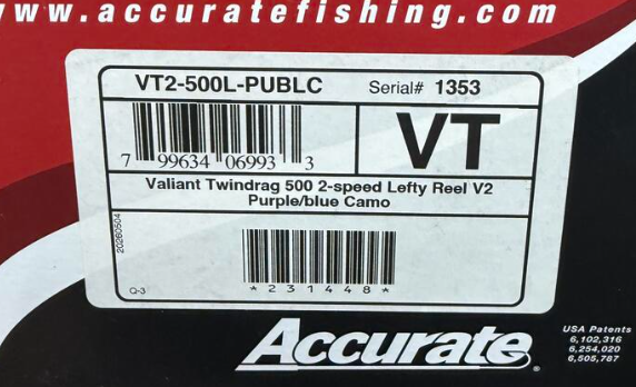 Accurate VT2-500L-PUBLC Valiant 2 500 2-Speed Conventional Reel Purple Blue Camo Left Hand