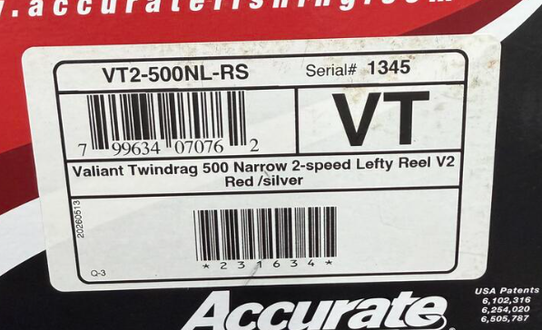 Accurate VT2-500NL-RS Valiant 2 500 Narrow 2-Speed Conventional Reel Red Silver Left Hand