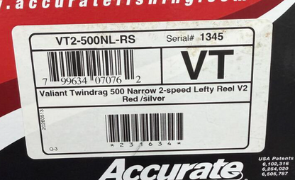 Accurate VT2-500NL-RS Valiant 2 500 Narrow 2-Speed Conventional Reel Red Silver Left Hand