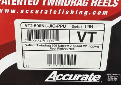 Accurate VT2-500NL-JIG-PPU Valiant 2 500 Narrow 2-Speed V2 Conventional Reel Pink Purple Left Hand
