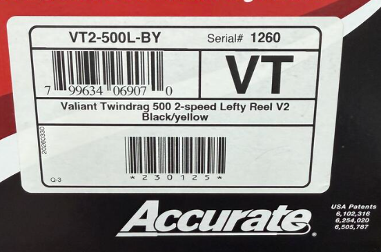 Accurate VT2-500L-BY Valiant 2 500 2-Speed Conventional Reel Black Yellow Left SPJ Handle