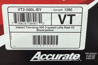 Accurate VT2-500L-BY Valiant 2 500 2-Speed Conventional Reel Black Yellow Left SPJ Handle