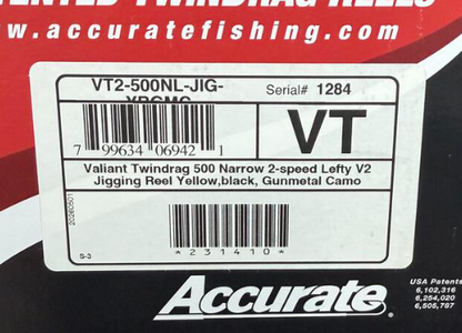 Accurate VT2-500NL-JIG-YBGMC Valiant 2 500 Narrow 2-Speed Conventional Reel Yellow Black Gunmetal Camo Left SPJ Handle