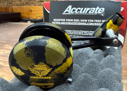Accurate VT2-500NL-JIG-YBGMC Valiant 2 500 Narrow 2-Speed Conventional Reel Yellow Black Gunmetal Camo Left SPJ Handle