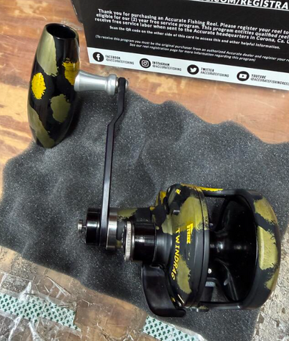 Accurate VT2-500NL-JIG-YBGMC Valiant 2 500 Narrow 2-Speed Conventional Reel Yellow Black Gunmetal Camo Left SPJ Handle