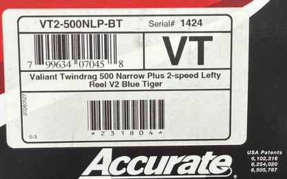 Accurate VT2-500NLP-BT Valiant 2 500 Narrow Plus 2-Speed Conventional Reel Blue Tiger Left SPJ Handle