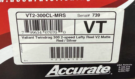 Accurate VT2-300CL-MRS Valiant 2 300 2-Speed Reel Red Silver Left Hand W/ Clicker