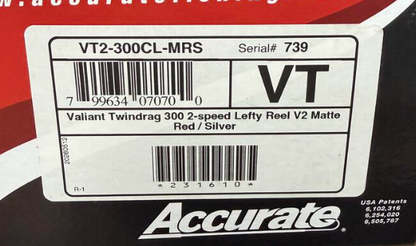 Accurate VT2-300CL-MRS Valiant 2 300 2-Speed Reel Red Silver Left Hand W/ Clicker