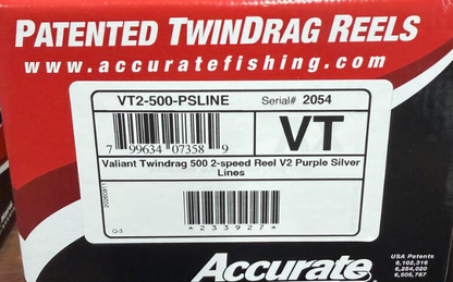 Accurate VT2-500-PSLINE Valiant Twindrag 500 2-Speed Conventional Reel Purple Silver Lines Right Hand