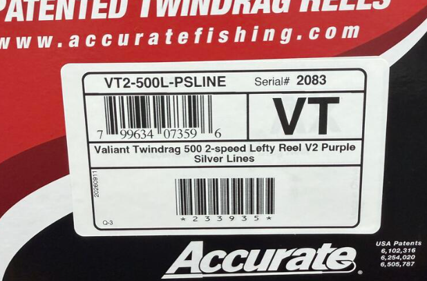 Accurate VT2-500L-PSLINE Valiant Twindrag 500 2-Speed Conventional Reel Purple Silver Lines Left Hand
