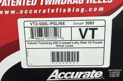 Accurate VT2-500L-PSLINE Valiant Twindrag 500 2-Speed Conventional Reel Purple Silver Lines Left Hand