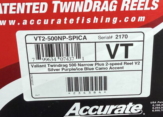 Accurate VT2-500NP-SPICA Valiant Twindrag 500 Narrow Plus 2-Speed Conventional Reel Silver Purple/Ice Blue Camo Accent Right Hand