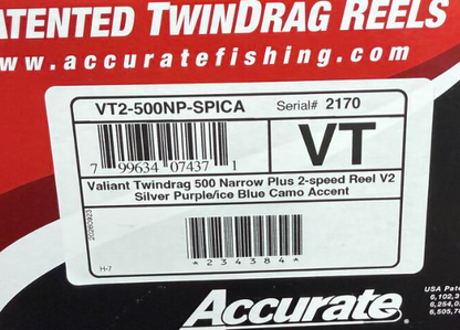 Accurate VT2-500NP-SPICA Valiant Twindrag 500 Narrow Plus 2-Speed Conventional Reel Silver Purple/Ice Blue Camo Accent Right Hand