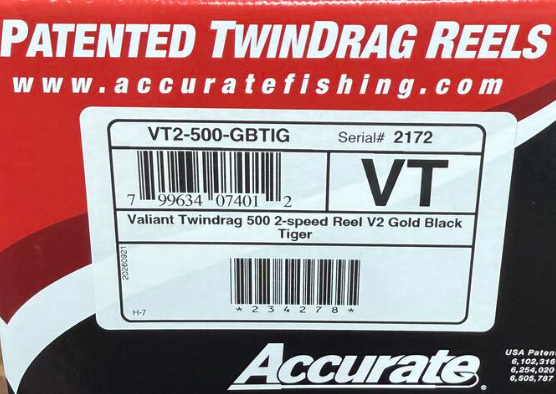 Accurate VT2-500-GBTIG Valiant Twindrag 500 2-Speed Reel V2 Conventional Reel Gold Black Tiger Right Hand