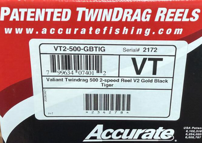 Accurate VT2-500-GBTIG Valiant Twindrag 500 2-Speed Reel V2 Conventional Reel Gold Black Tiger Right Hand