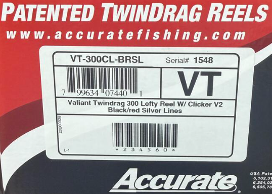 Accurate VT-300CL-BRSL Valiant 300 Conventional Reel Black Red Silver Lines Clicker V2 Left Hand