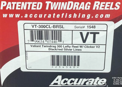 Accurate VT-300CL-BRSL Valiant 300 Conventional Reel Black Red Silver Lines Clicker V2 Left Hand