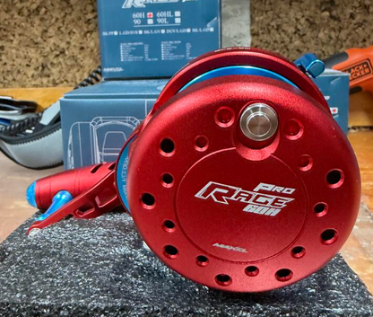 Maxel Rage Pro 60 Red Light Blue Convention Reel Right Hand