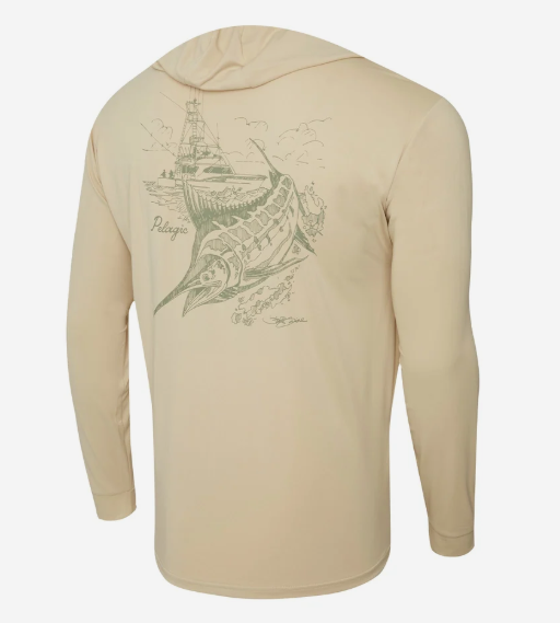 Pelagic Hooded Long Sleeve Fishing Shirt Aquatek Goioine Hook Up Sketch Sand