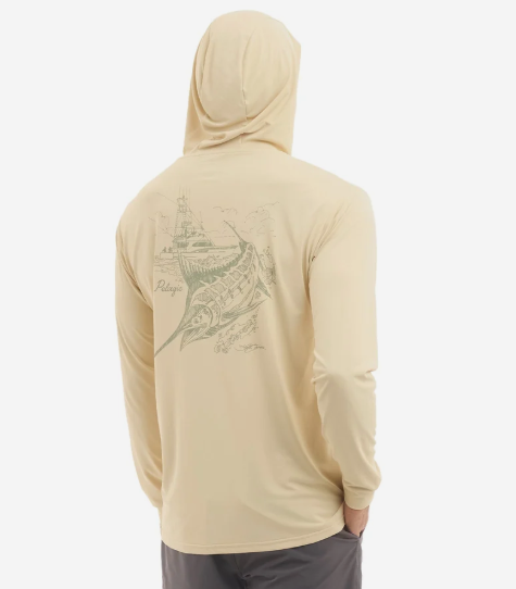 Pelagic Hooded Long Sleeve Fishing Shirt Aquatek Goioine Hook Up Sketch Sand