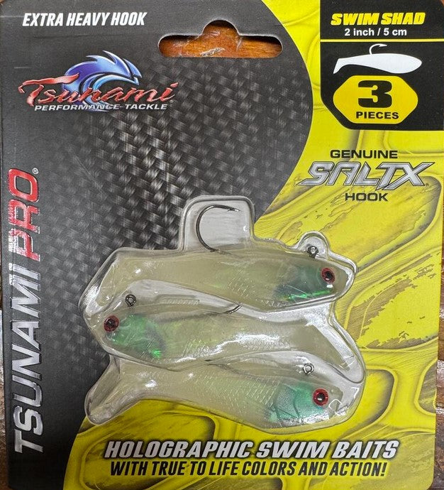 Tsunami Holographic Swim Shad 2"/5cm 1/8oz 3Pack SALTX Hook Heavy Duty Resealable Storage Clam
