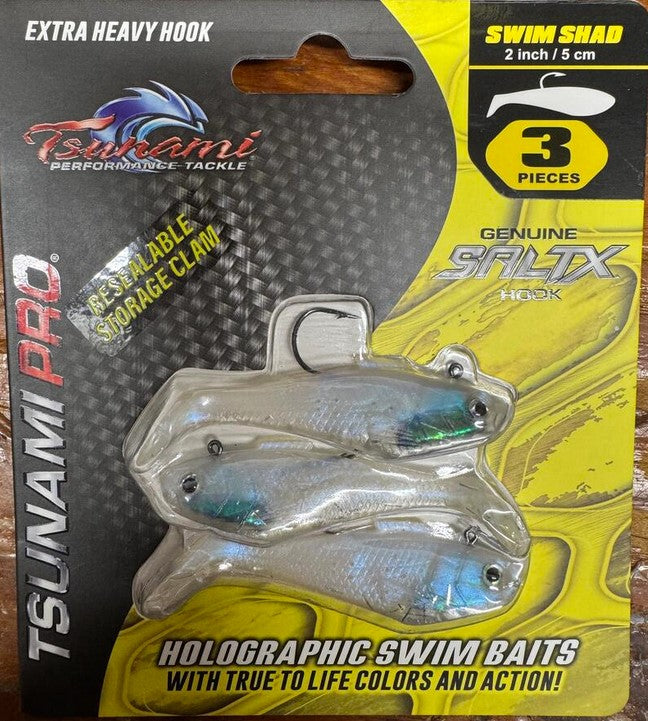 Tsunami Holographic Swim Shad 2"/5cm 1/8oz 3Pack SALTX Hook Heavy Duty Resealable Storage Clam