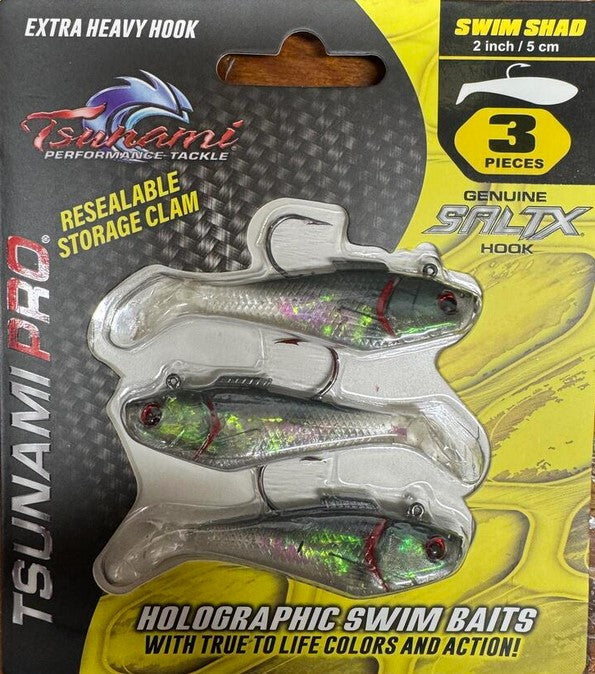 Tsunami Holographic Swim Shad 2"/5cm 1/8oz 3Pack SALTX Hook Heavy Duty Resealable Storage Clam