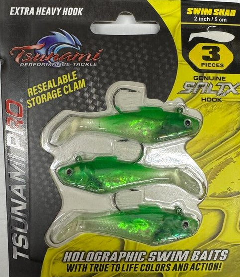 Tsunami Holographic Swim Shad 2"/5cm 1/8oz 3Pack SALTX Hook Heavy Duty Resealable Storage Clam