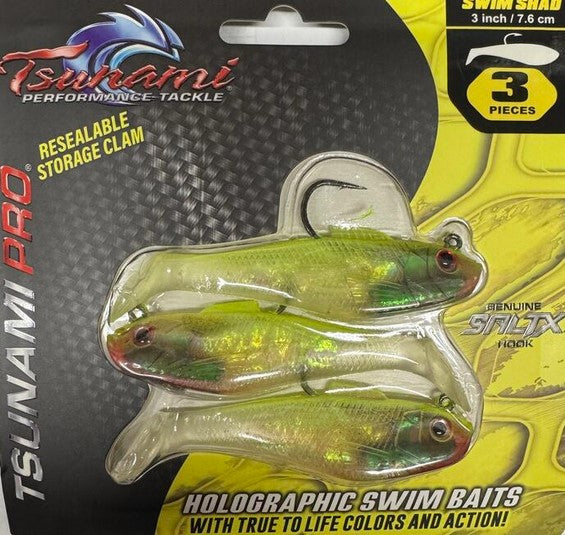Tsunami Holographic Swim Shad 3"/7.6cm 3/8oz 3Pack SALTX Hook Heavy Duty Resealable Storage Clam