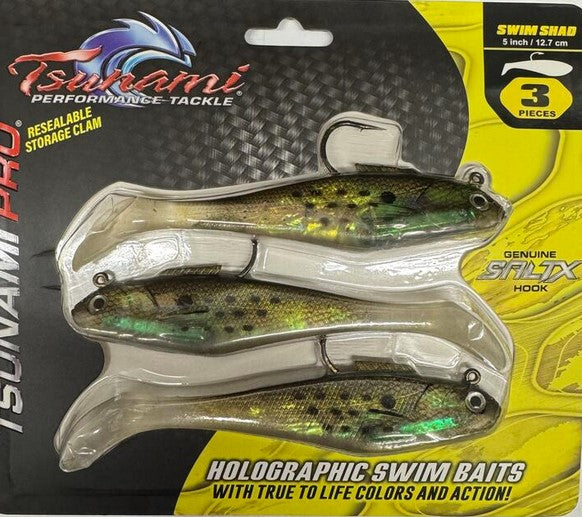 Tsunami Holographic Swim Shad 5"/12.7cm 1-3/8oz 3 Pack SALTX Hook Heavy Duty SS5-3