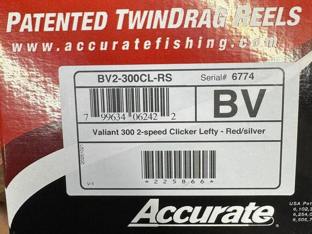 Accurate Valiant 300 2-Speed Clicker Lefty BV2-300CL Red/ Silver Reel