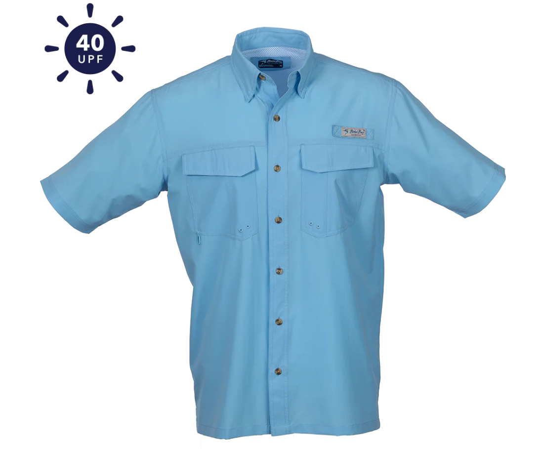 Bimini Bay Outfitters Men's Flats V Short Sleeve Button Up Shirts Featuring Blood Guard