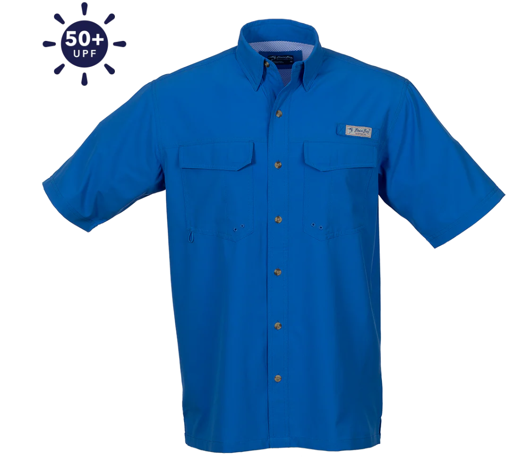 Bimini Bay Outfitters Men's Flats V Short Sleeve Button Up Shirts Featuring Blood Guard