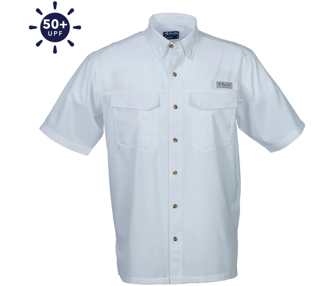 Bimini Bay Outfitters Men's Flats V Short Sleeve Button Up Shirts Featuring Blood Guard