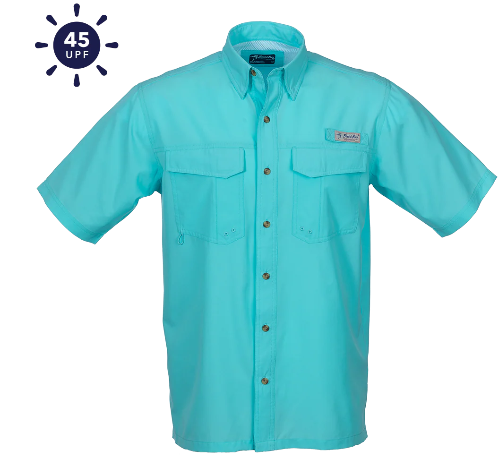 Bimini Bay Outfitters Men's Flats V Short Sleeve Button Up Shirts Featuring Blood Guard