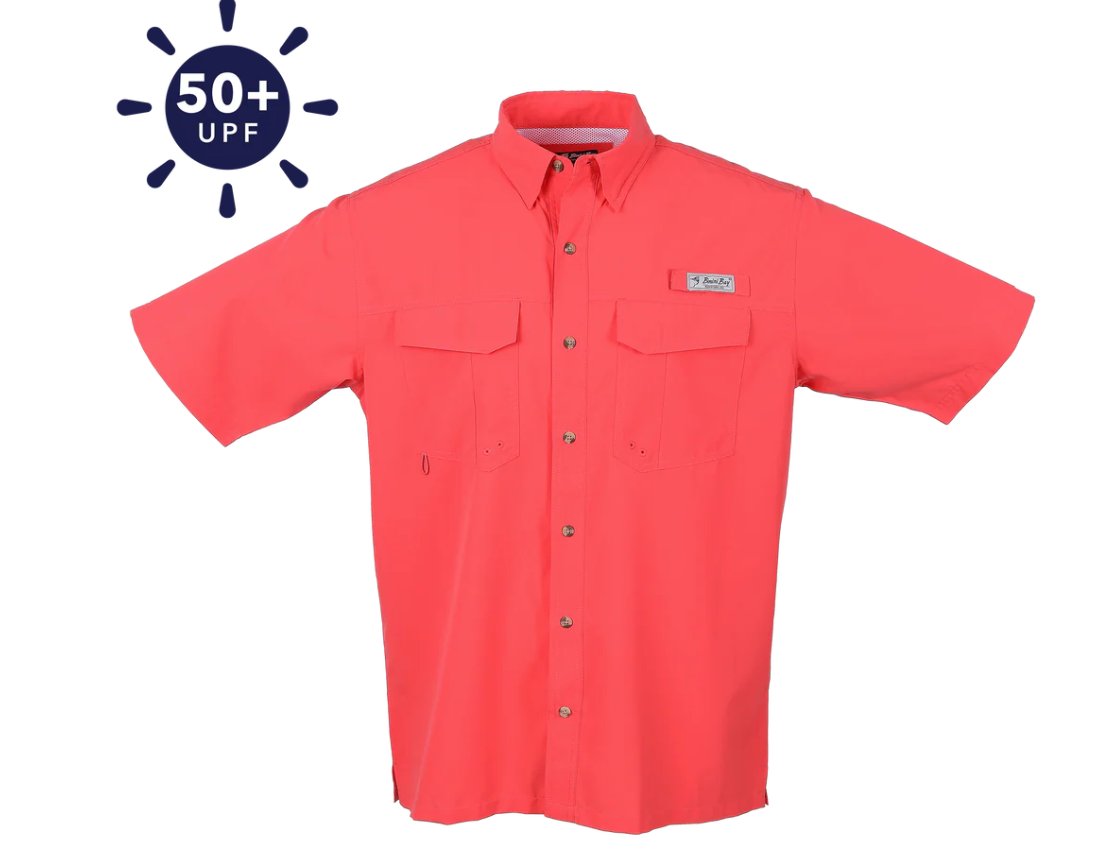 Bimini Bay Outfitters Men's Flats V Short Sleeve Button Up Shirts Featuring Blood Guard