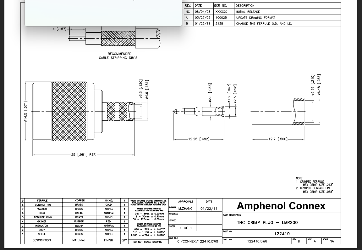 Amphenol RF Connectors Coaxial Connectors TNC STRAIGHT CRIMP PLUG LMR 200 122410