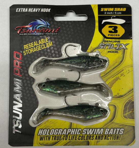 Tsunami Holographic Swim Shad 2"/5cm 1/8oz 3Pack SALTX Hook Heavy Duty Resealable Storage Clam